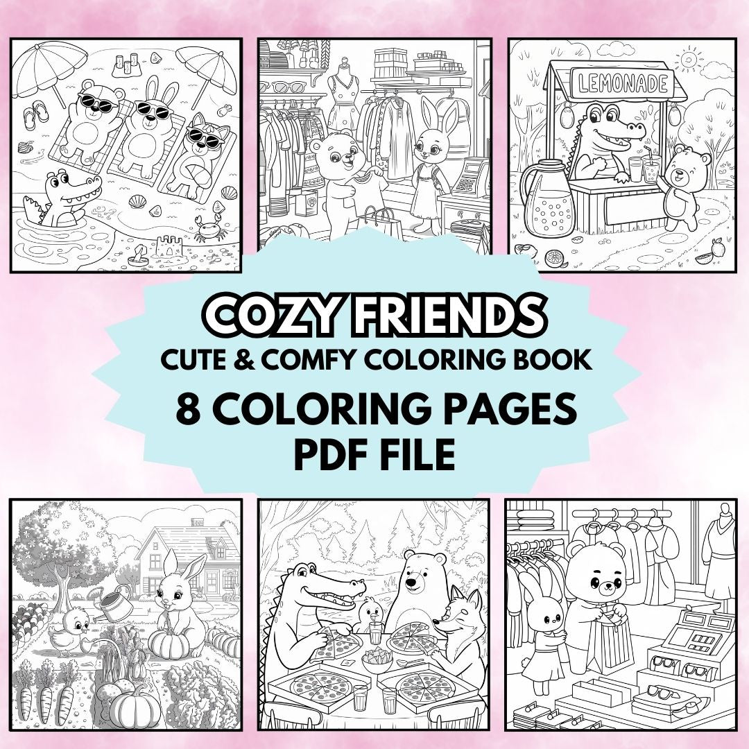 PLR Cozy Animal coloring pages featuring 8 cute animal designs with full private label rights