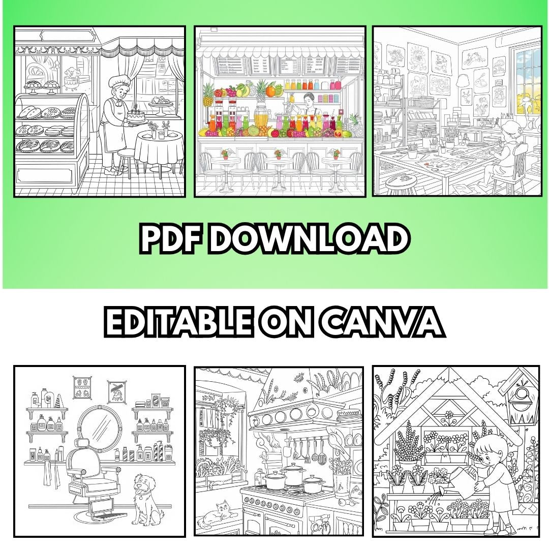 6 Cozy Hygge coloring pages showcasing adorable little corner designs with full private label rights