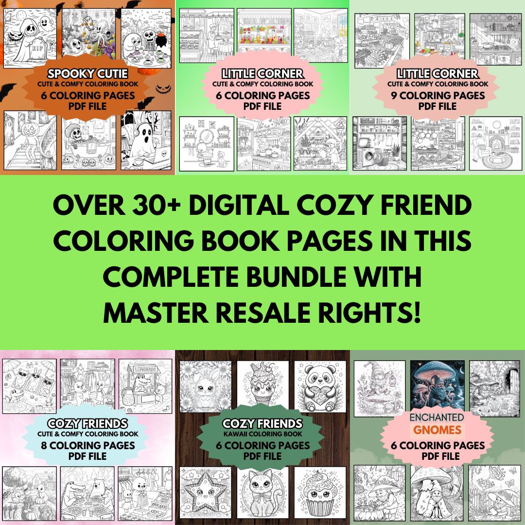 All-in-one coloring book bundle featuring 510+ pages of dinosaurs, princesses, Halloween fun, and cozy creatures