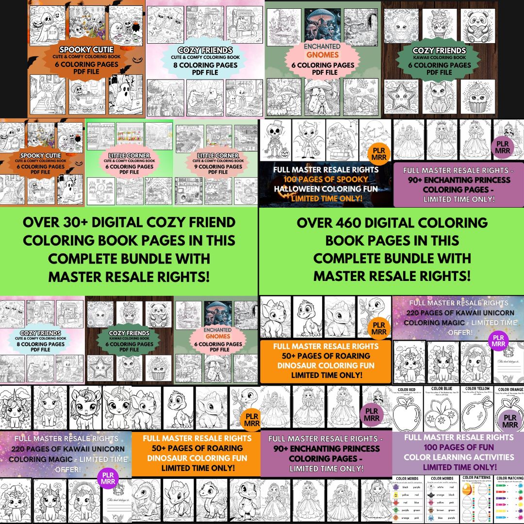 All-in-one coloring book bundle featuring 510+ pages of dinosaurs, princesses, Halloween fun, and cozy creatures