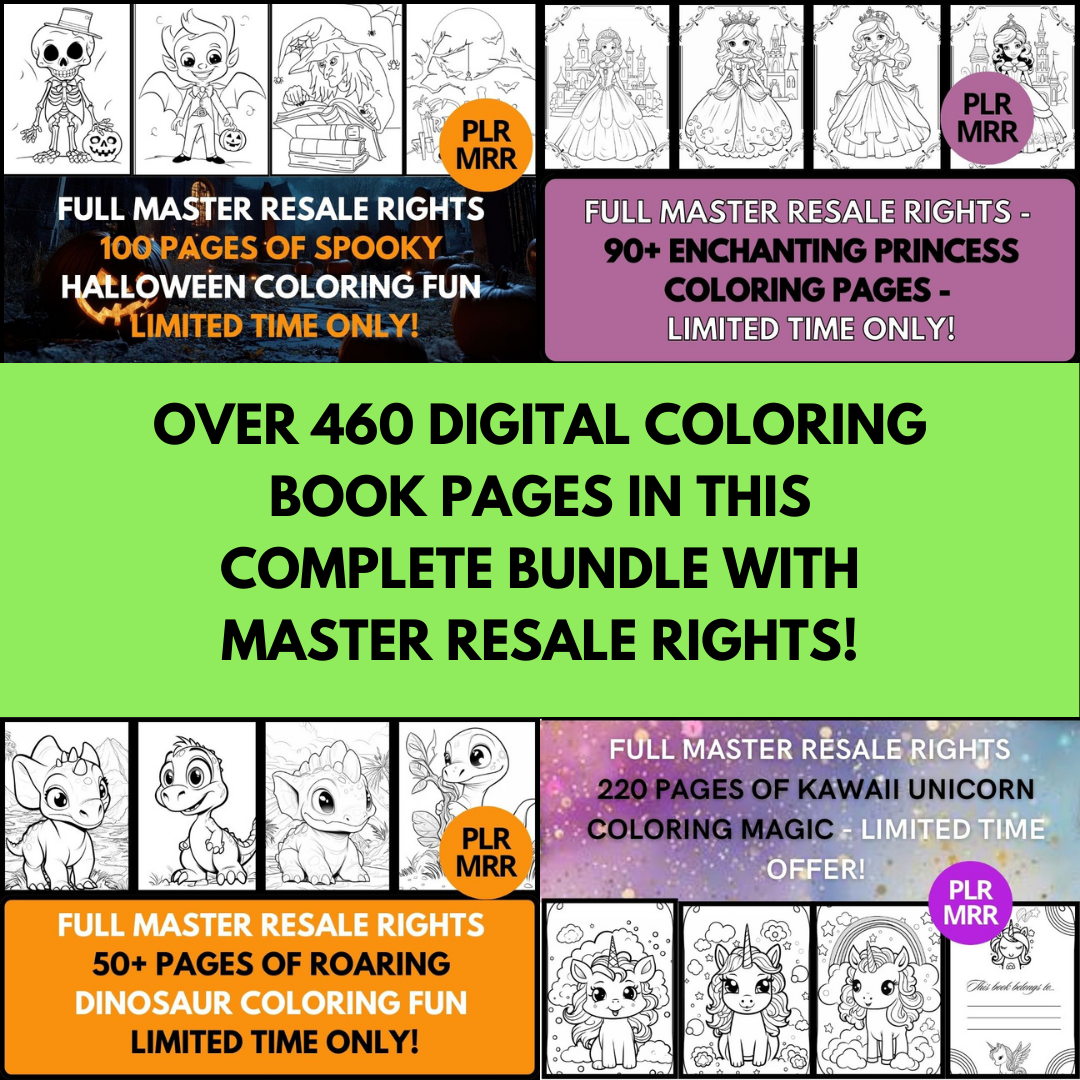 All-in-one coloring book bundle featuring 510+ pages of dinosaurs, princesses, Halloween fun, and cozy creatures