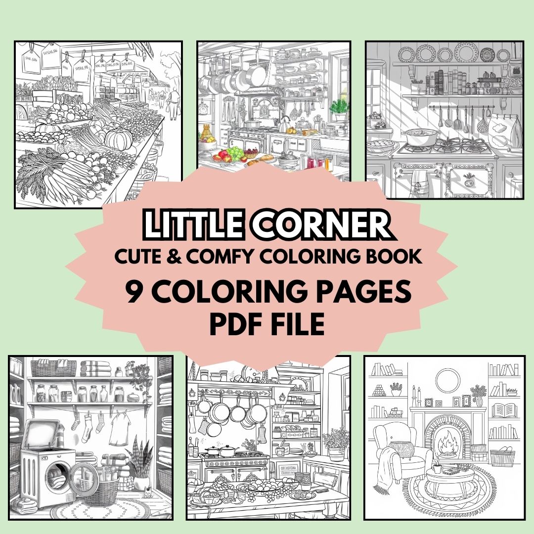 PLR Cozy Corners coloring pages with 9 adorable cozy space designs and full private label rights