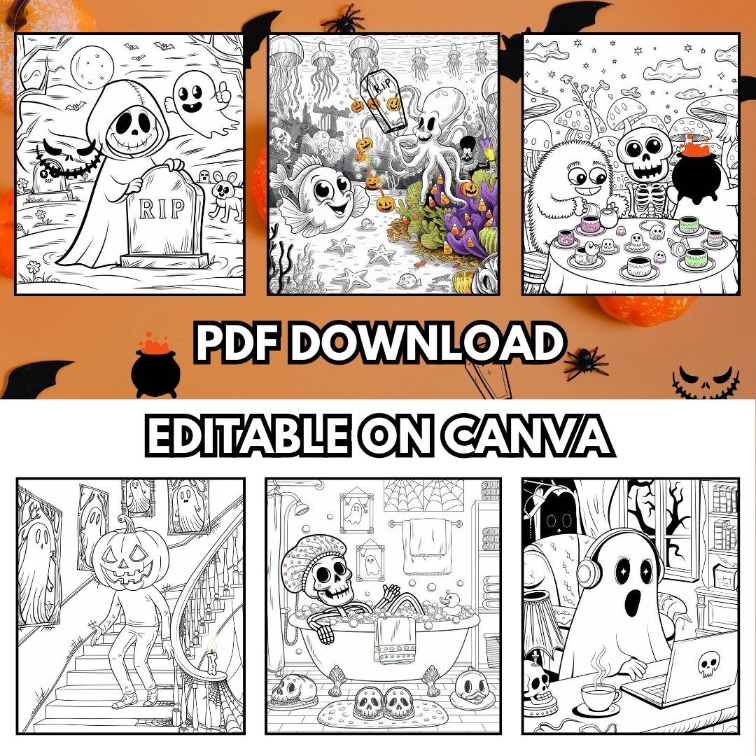 PLR Spooky Cutie coloring pages featuring 6 adorable creepy creatures with full private label rights