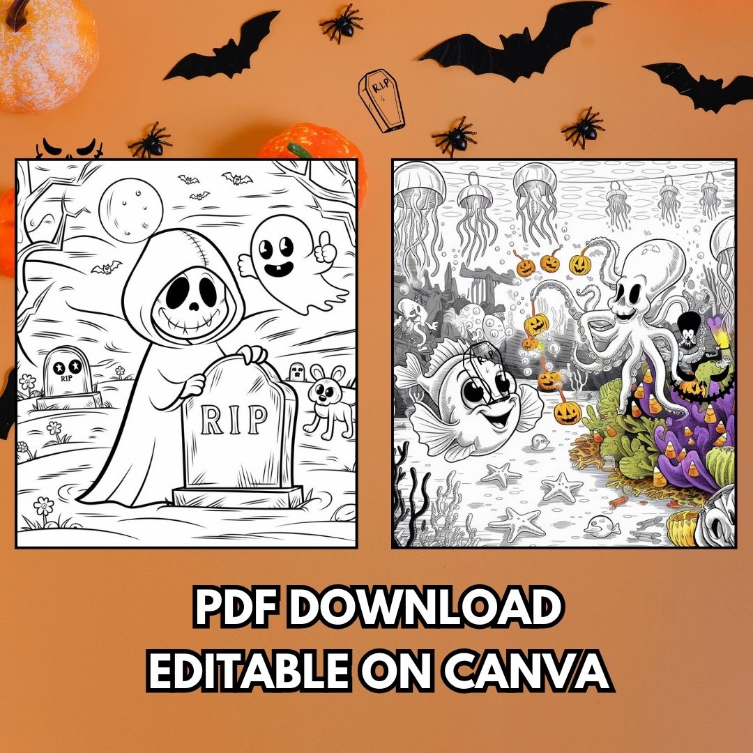 PLR Spooky Cutie coloring pages featuring 6 adorable creepy creatures with full private label rights