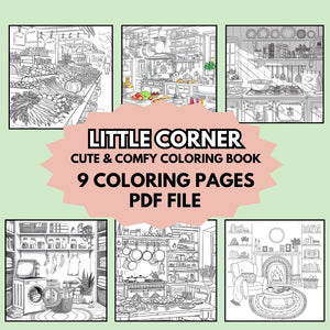 PLR Cozy Corners coloring pages with 9 adorable cozy space designs and full private label rights