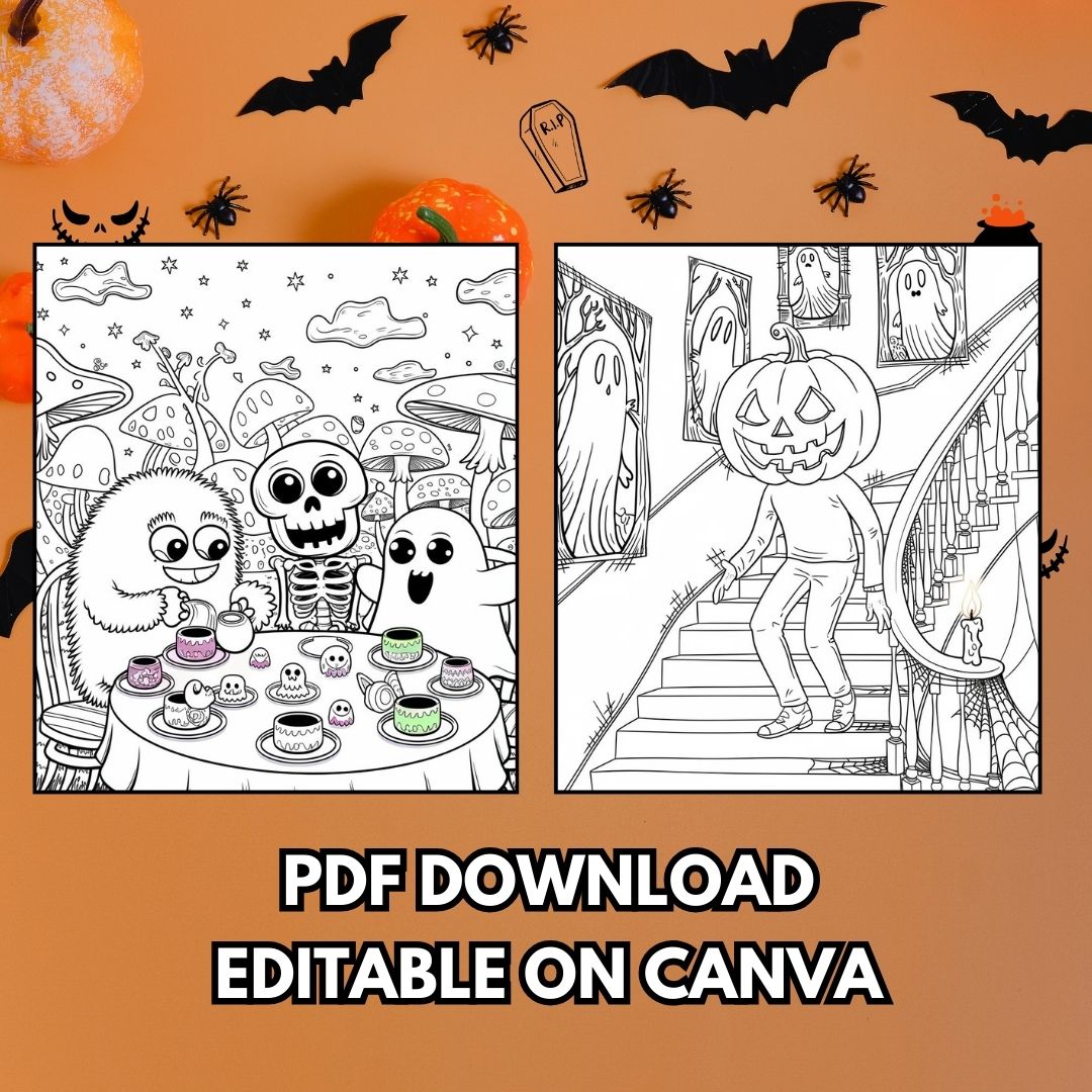 PLR Spooky Cutie coloring pages featuring 6 adorable creepy creatures with full private label rights